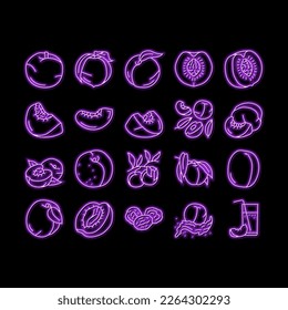 peach fruit nectarine juicy neon light sign vector. orange leaf, slice fresh food, yellow sweet summer, red cut ripe, organic nature peach fruit nectarine juicy Illustrations