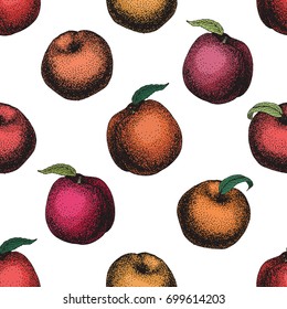 Peach fruit retro vector seamless pattern. Botanical fruit. Engraved peach. Vector illustration