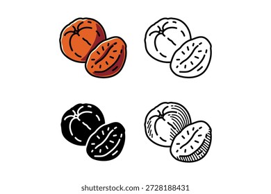 Pfirsichfrucht, reifer Pfirsich, Steinfrucht, getrockneter Pfirsichsymbol-Design-Set mit bunten, Umriss, soliden und gravierten Stil für Bäckerei, Dessert, Gebäck, Lebensmittel, kulinarisch. Vektorgrafik