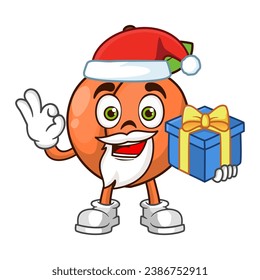 Peach fruit santa cartoon character holding a gift