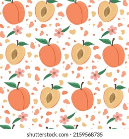 Peach fruit seamless pattern. Peach in cartoon style repeated backdrop. Whole fruit and cut half. Food template for background, textile, wrapping paper, wallpaper