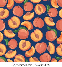 Peach Fruit Seamless Pattern, Ripe, Juicy Peaches Arranged In Tiled Design. Vibrant Shades Of Orange, Yellow And Green Blend Seamlessly on Dark Background, Summer Fruits. Cartoon Vector Illustration