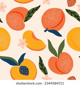 Peach fruit seamless pattern. Summer tropical vibe with pink background for fabrics, textiles. Vector.