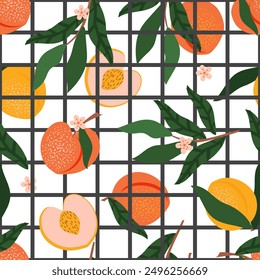 Peach fruit seamless pattern. Summer tropical vibe with white background and black outline checkered mesh for fabrics, wrapping paper, decorative pillows. Vector.