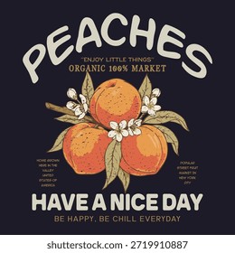 Peach fruit set. Fresh fruit print. Nature fruit club print design. Fruit vintage t-shirt design. Peach farm artwork. Peach farm artwork. Tropical sweetness artwork. retro vintage tee