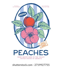 Peach fruit set. Fresh fruit print. Nature fruit club print design. Fruit vintage t-shirt design. Peach farm artwork. Peach farm artwork. Tropical sweetness artwork. retro vintage tee