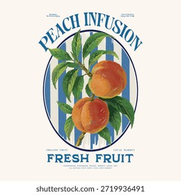 Conjunto de frutas de melocotón. Estampado de fruta fresca. Diseño de impresión de club de frutas de Naturaleza. Diseño de camiseta vintage de frutas. Obra de arte de la granja de melocotón. Obra de arte de la granja de melocotón. Obra de arte de dulzura tropical. camiseta vintage retro