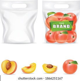Peach Fruit Set.Plastic bags to contain fresh peach.illustration vector