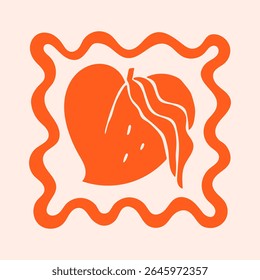 Peach fruit stamp, hand drawn Amalfi coast summer doodle print. Beach, marine and Mediterranean vibes. Retro postcard clipart in coastal naive minimal design. Perfect for travel, fashion, and decor.