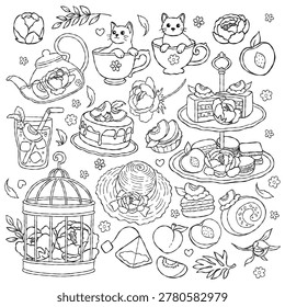 Peach Fruit Tea Outline, Hand Drawn Tea Party, Wedding Invitation Graphic, It's Tea Time Line Art, Peonies Flower Tea Set Coloring Page Hand Drawn Design Vector