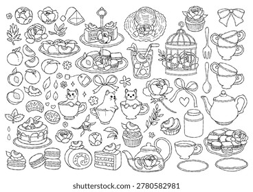 Peach Fruit Tea Outline, Hand Drawn Tea Party, Wedding Invitation Graphic, It's Tea Time Line Art, Peonies Flower Tea Set Coloring Page Hand Drawn Design Vector