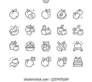 Peach fruit. Whole and cut peach. Peach tea. Food shop, supermarket. Menu for cafe. Pixel Perfect Vector Thin Line Icons. Simple Minimal Pictogram