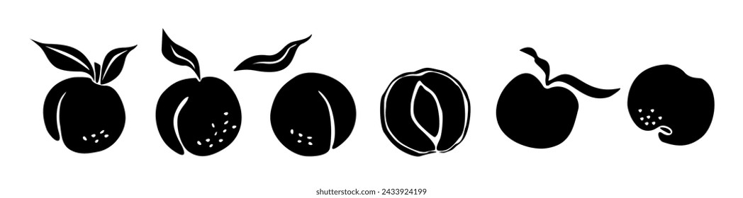 Frutas de melocotón negro siluetas conjunto vector aislado