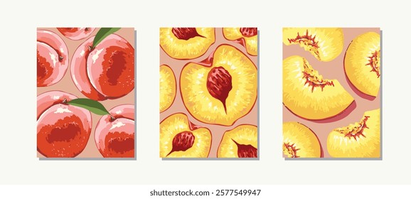 Peach fruits cover background. design fruit decoration vector. decorative graphic design illustration for poster, banner, cover, card, label . Vector illustration