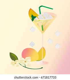 Peach fruits fresh cocktail glass. Summer drink Vector illustration