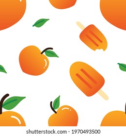 Peach fruits with green leaves and peach ice cream, popsicle cute cartoon style vector seamless pattern background.