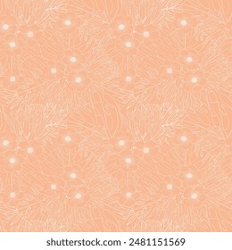 Peach fuzz 2024 floral pattern with many small white flowers. The flowers are arranged in a way that creates a sense of depth and movement. Scene is serene and calming