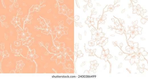 Peach fuzz 2024 year color pattern. Peach fuzz seamless background with abstract peach tree blossom. Seamless 2024 colour spring fashion interior art