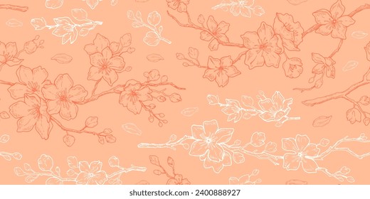 Peach fuzz 2024 year color pattern. Peach fuzz seamless background with abstract peach tree blossom. Seamless 2024 colour spring fashion, interior des