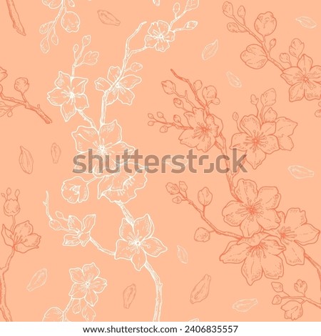 Peach fuzz 2024 year color pattern. Peach fuzz seamless background with abstract peach tree blossom. Seamless 2024 colour spring fashion, interior design palette. Trendy pastel cloth, fabric, textile