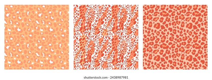 Peach fuzz animal seamless patterns. Color 2024. Gentle modern safari style. Exotic combined texture tenderness. Leopard spots. Natural camouflage. Animalistic print