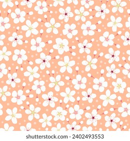 peach fuzz cherry blossom seamless pattern. sakura floral print. flowers botanical background. good for fabric, wallpaper, textile, summer dress, kimono, pajama, clothing, fashion design.