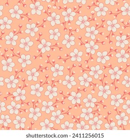 Peach fuzz cherry blossom seamless pattern. orange ditsy floral print. botanical flower background. good for fabric, fashion design, kimono, summer dress, pajama, textile, wallpaper.