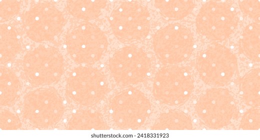 Peach fuzz circle spot pattern. Seamless background. Grunge polka dot in peach fuzz color. 2024 year colour abstract seamless pattern. Spring trend fashion round splash background. Cloth fabric vector