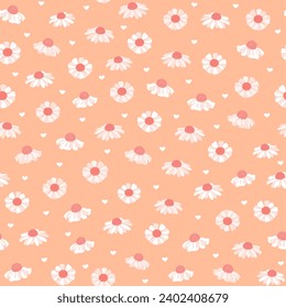peach fuzz ditsy floral print. daisy flowers and love heart seamless pattern. botanical background. good for fabric, fashion design, summer dress, textile, pajama, wallpaper, backdrop.