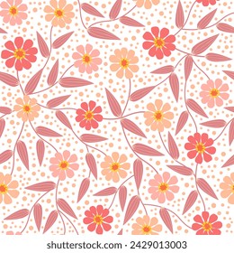 peach fuzz ditsy floral print. daisy flowers seamless pattern. orange botanical summer spring background. good for fabric, fashion design, wallpaper, textile, summer dress, kimono, pajama, etc.