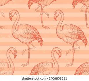 Peach fuzz flamingo patrón sin fisuras. 2024, el melocotón fuzz es un fondo de moda. Patrón de color con trópico de plumas flamingo. Arte de color abstracto sin inconvenientes en 2024 años. Diseño de aves de moda de verano de acuarela