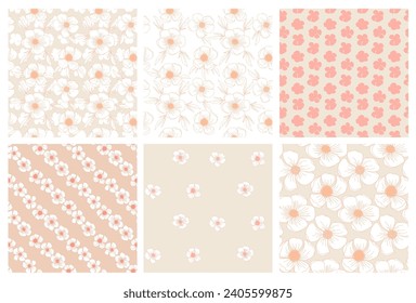Peach fuzz floral sin costuras, con flor de arte de línea dibujada a mano para textil, papel pintado, raspillera, cubierta de un estilo chic y deslumbrante. Fondo del vector