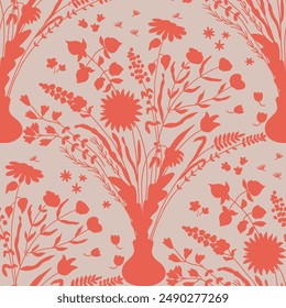 Peach fuzz flowers silhouette on charcoal grey background. Ogee repeat. For wallpaper, fabric, or other decorative purposes.