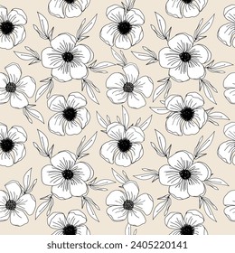 Peach fuzz pastel floral seamless pattern with hand drawn line art flower for textile, wallpaper, scrapbook, cover in shabby chic style. Vector background