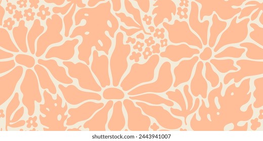 Pfirsich Fuzz Muster aus rosa Matisse Blumen. Blumenabstrakte nahtlose Vektorgrafik Hintergrund. Retro groovy Form in Pfirsich Fuzz 2024 Palette. Moderner Stoffdruck. Einfaches Sommer-Frühling-Bildschirmhintergrund-Muster