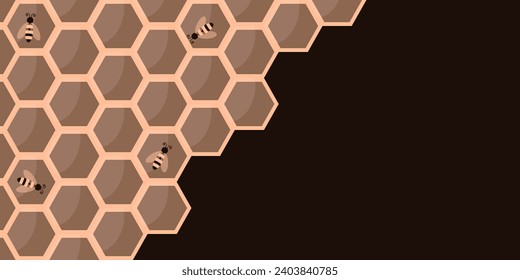 
Peach fuzz Trendy Honeycomb background with cartoon bee and copy space. Sweet honey Pastel ornament. Vector illustration can used wallpaper and web banner.