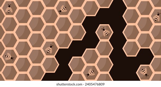 
Peach fuzz Trendy Honeycomb background with cartoon bee isolated black backdrop. Sweet honey Pastel ornament. Vector illustration can used wallpaper and web banner.