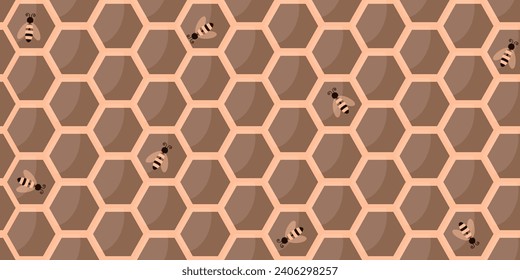 
Peach fuzz Trendy Honeycomb seamless background with cartoon bee. Sweet honey Pastel ornament. Vector illustration can used wallpaper, textile, fabric print and web banner.