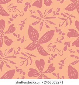 Peach fuzz tropical flowers seamless vector pattern background. Hand drawn floral backdrop. Nature botanical pink peach orange repeat all over print for gardening, packaging. Naive boho style