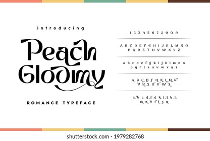 Peach Gloomy: Classic Typography Minimal Fashion Designs. Typeface modern serif fonts and numbers. Elegant stylish alphabet letters font, ligatures, and number. 
