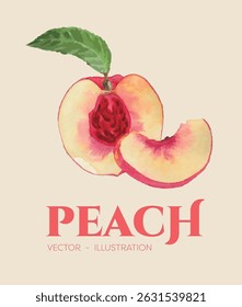 Design gráfico de pêssego com texto. Ilustração de estilo de aquarela