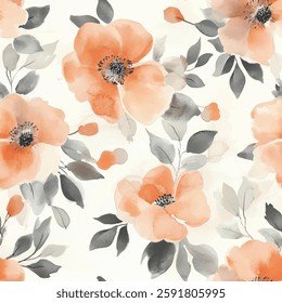 Peach and gray floral pattern on a white background, watercolor flower seamless pattern. Watercolor print in rustic vintage style, textile or wallpapers.