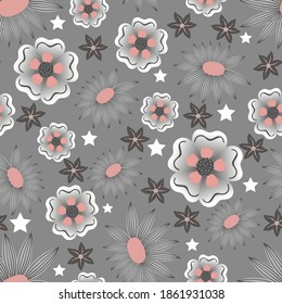 Peach and Grey Color Combination Vector Seamless Floral Pattern
