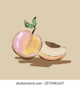A Peach and half painted with oil texture. Hand draw. Vector, isolated. Artistic, trendy, simple and modern.