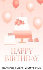 Peach Happy Birthday Congratulation Card ot Postcard Illustration With Cake and Balloons