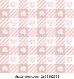 peach heart on pink checkered background, gift wrapping paper, seamless pattern, fabric pattern 