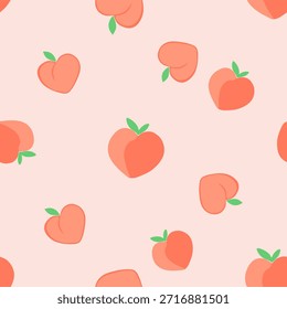 Peach heart seamless pattern on soft pink background, kawaii romantic design for fabric, wrapping and wallpaper.