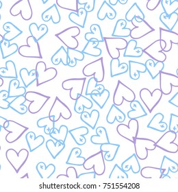 Peach hearts seamless pattern. Scattered little pink, lilac, blue love symbols.  Endlessly repeating falling sketch heart shape on white valentine background. Hand draw texture. Vector illustration.