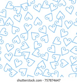 Peach hearts seamless pattern. Scattered little pink, lilac, blue love symbols.  Endlessly repeating falling sketch heart shape on white valentine background. Hand draw texture. Vector illustration.