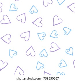 Peach hearts seamless pattern. Scattered little pink, lilac, blue love symbols.  Endlessly repeating falling sketch heart shape on white valentine background. Hand draw texture. Vector illustration.